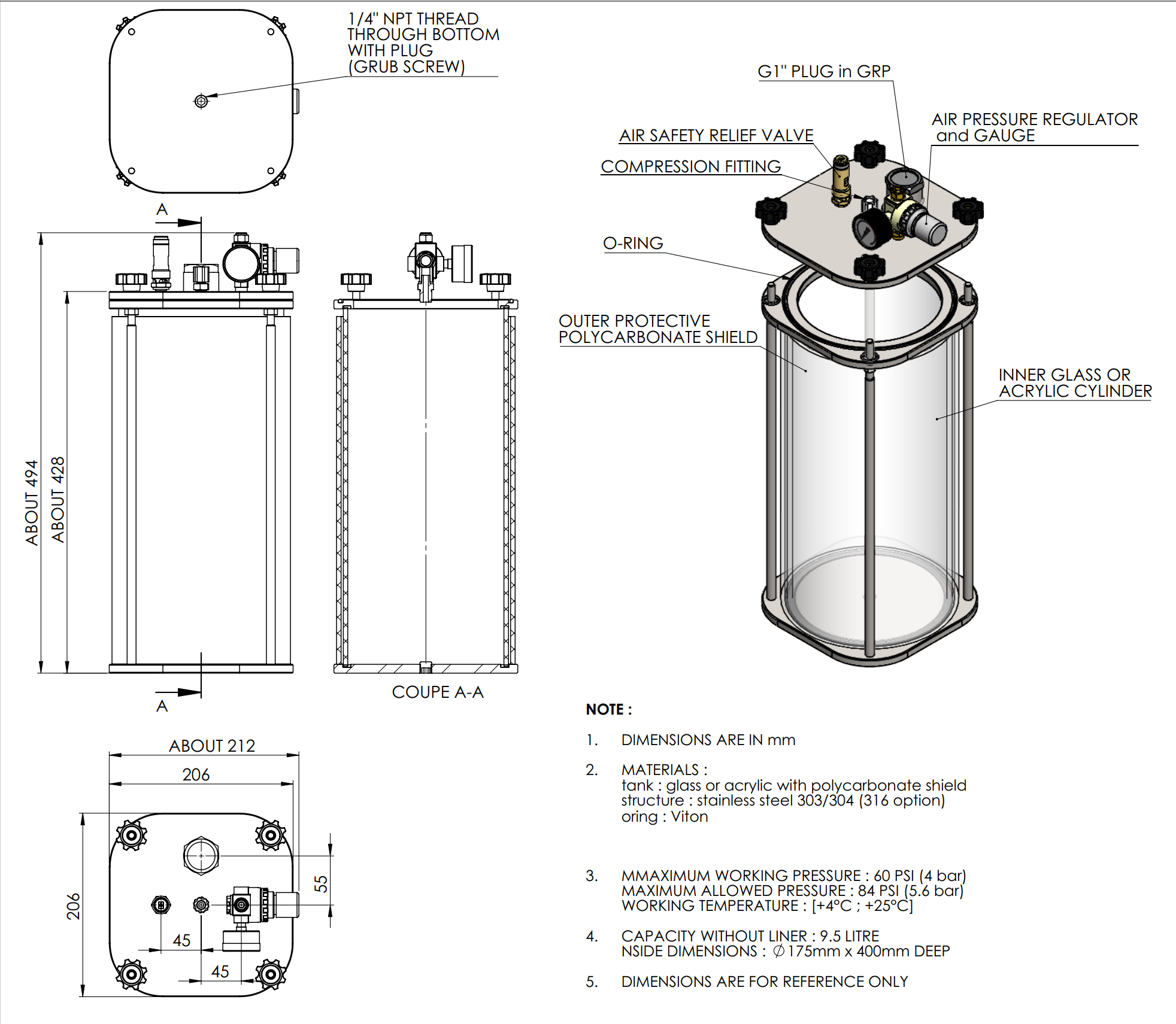 10L Acrylic & Stainless Steel 304 Clear Pressure Vessel - ER