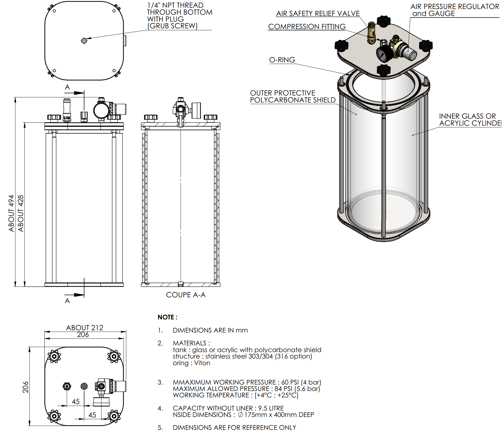 10L Acrylic & Stainless Steel 304 Clear Pressure Vessel