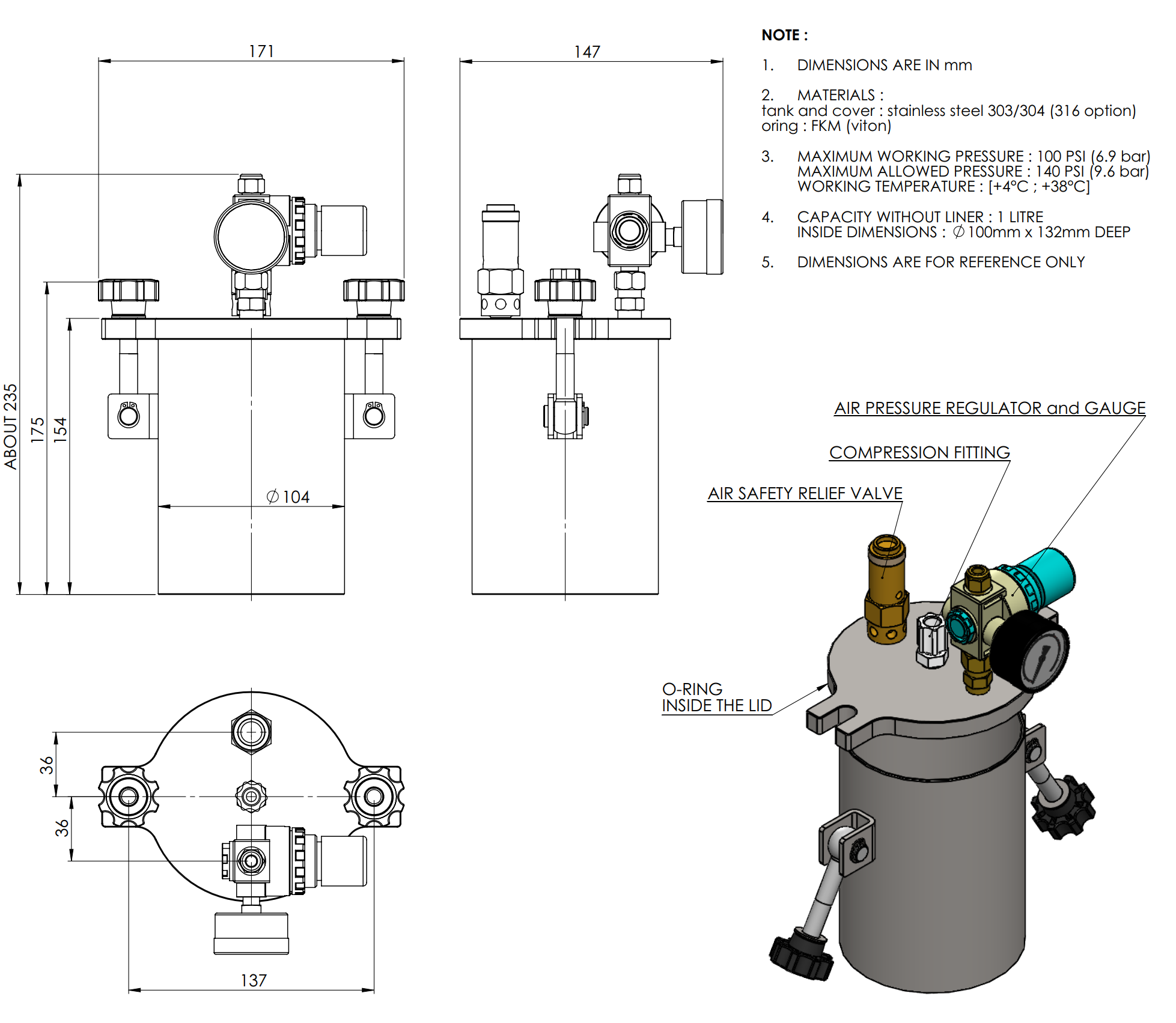 1L ST Series Pressure Vessel