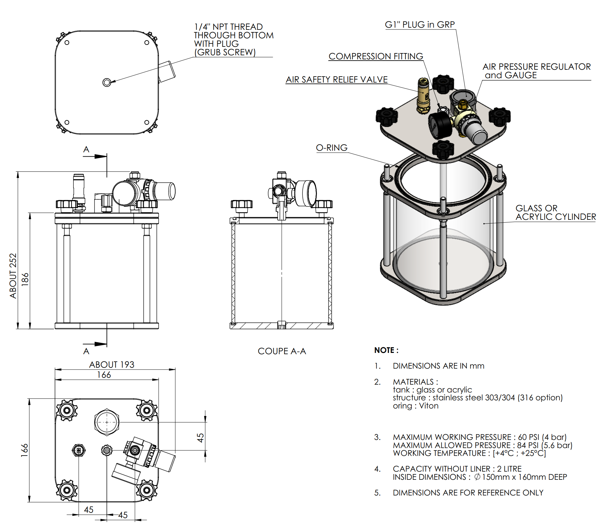 2L Acrylic & Stainless Steel 304 Clear Pressure Vessel - ER