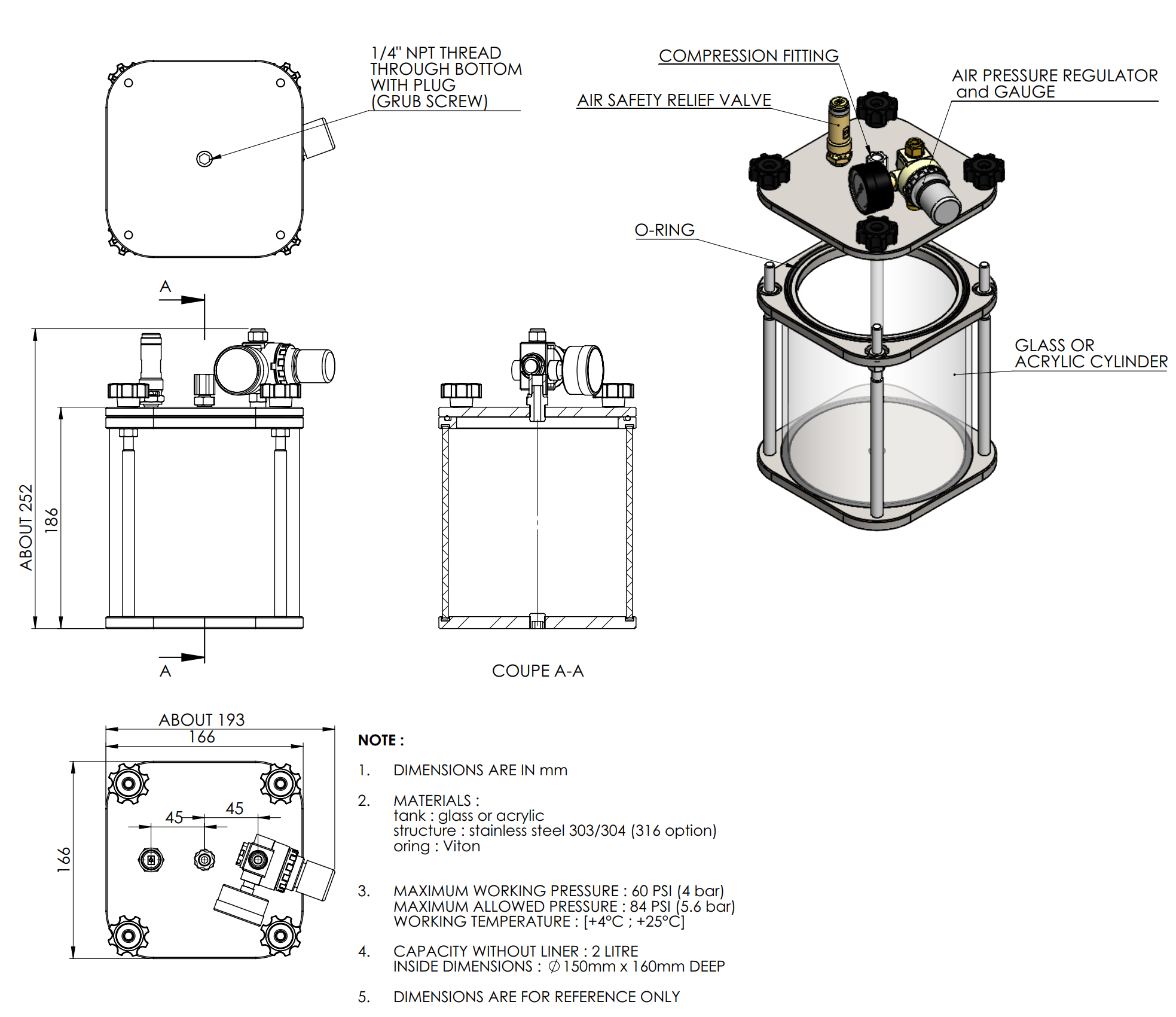 2L Acrylic & Stainless Steel  304 Clear Pressure Vessel