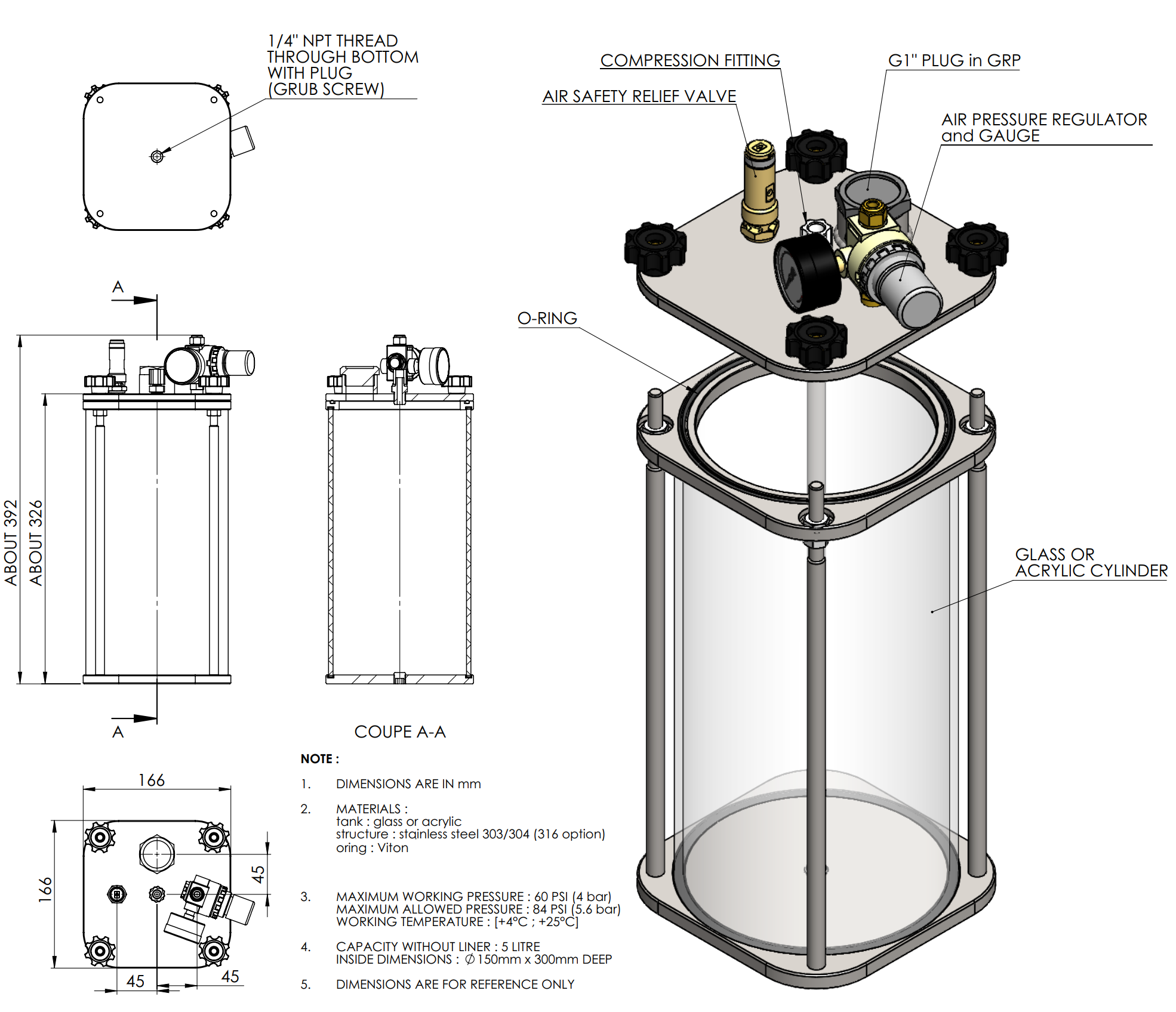 5L Acrylic & Stainless Steel 304 Clear Pressure Vessel - ER