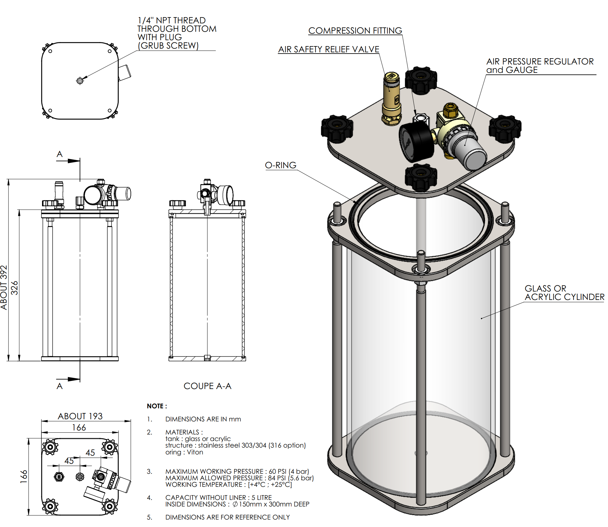 5L Acrylic & Stainless Steel 304 Clear Pressure Vessel with Agitation