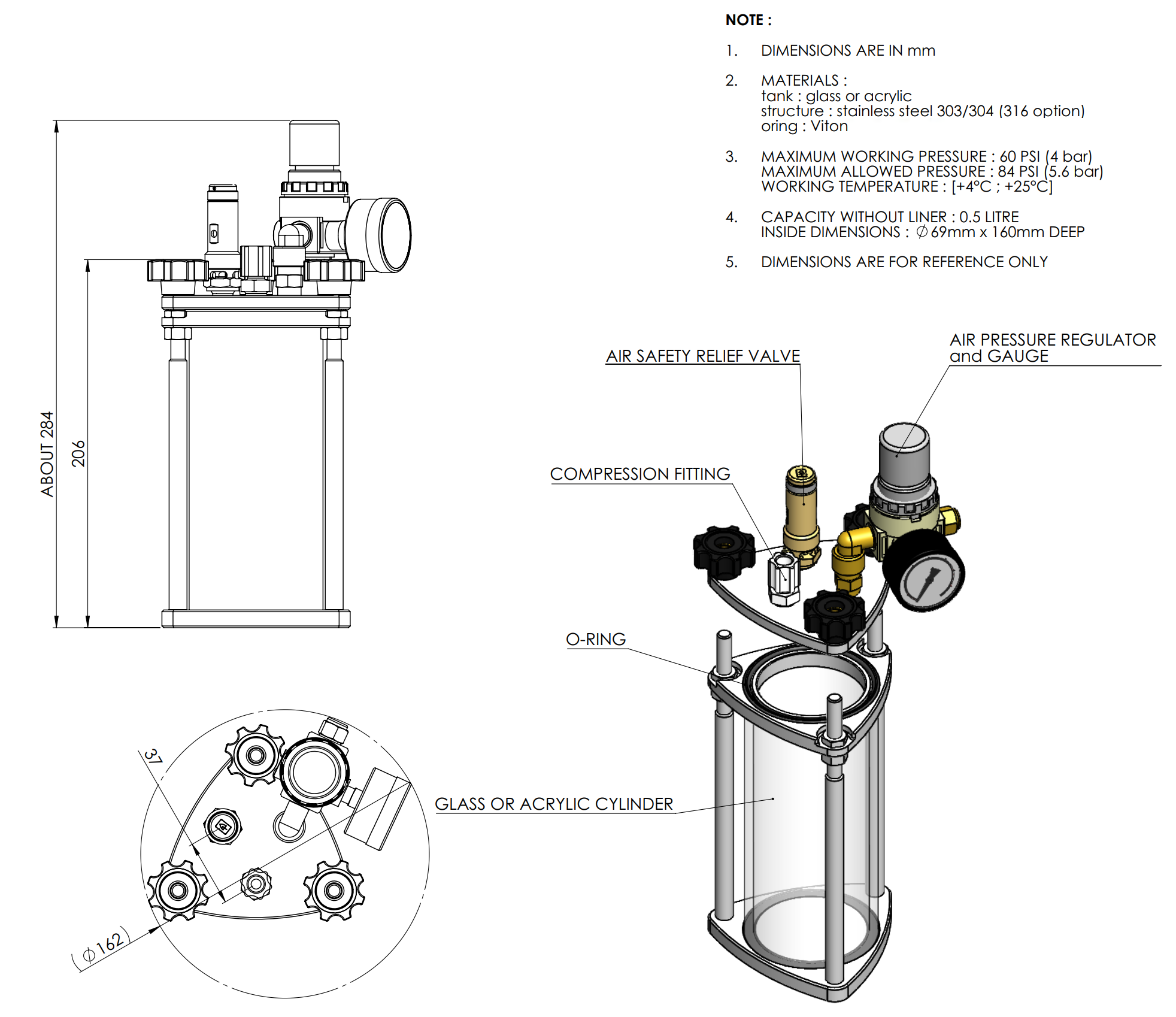 0.5L Acrylic & Stainless Steel 304 Clear Pressure Vessel